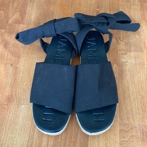 James Smith Black Denim Espadrille Ankle Wrap Tie Sandals Sz 38